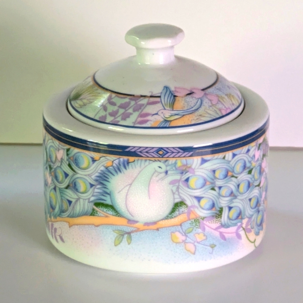 Royal Porcelain Arcadia Ceramic Sugar Bowl w Lid Cottagecore Peacock Floral Bird